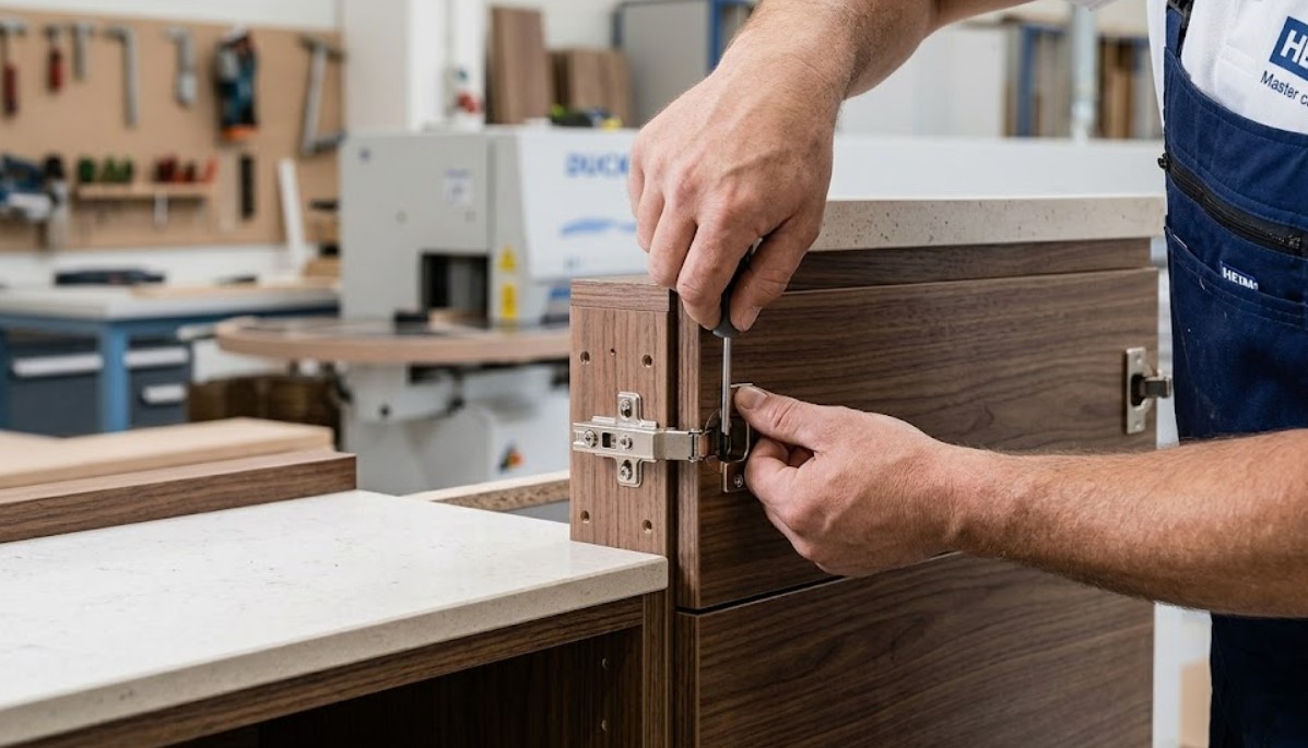 Мастер устанавливает фурнитуру