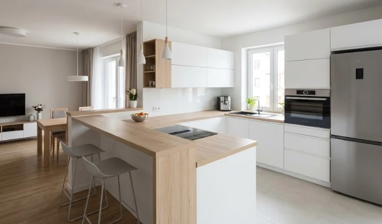 Современная кухня с барной стойкой на заказ в Алматы TOO HEIM